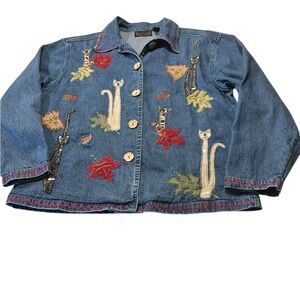 New Directions Denim Jacket with Cat and Leaf Embroidery